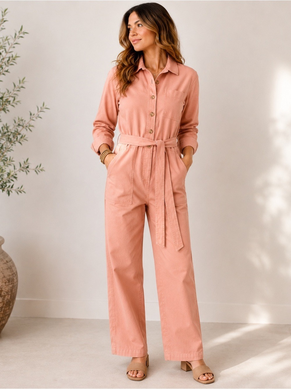 Free Assembly Pink Organic Cotton Utility Jumpsuit Belted Wide Leg S